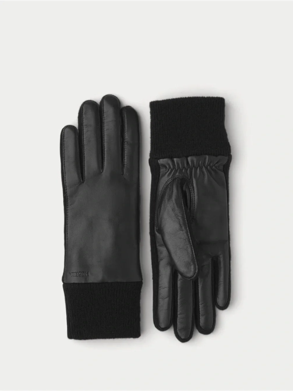Hestra Black Leather Gloves with Knit Cuff